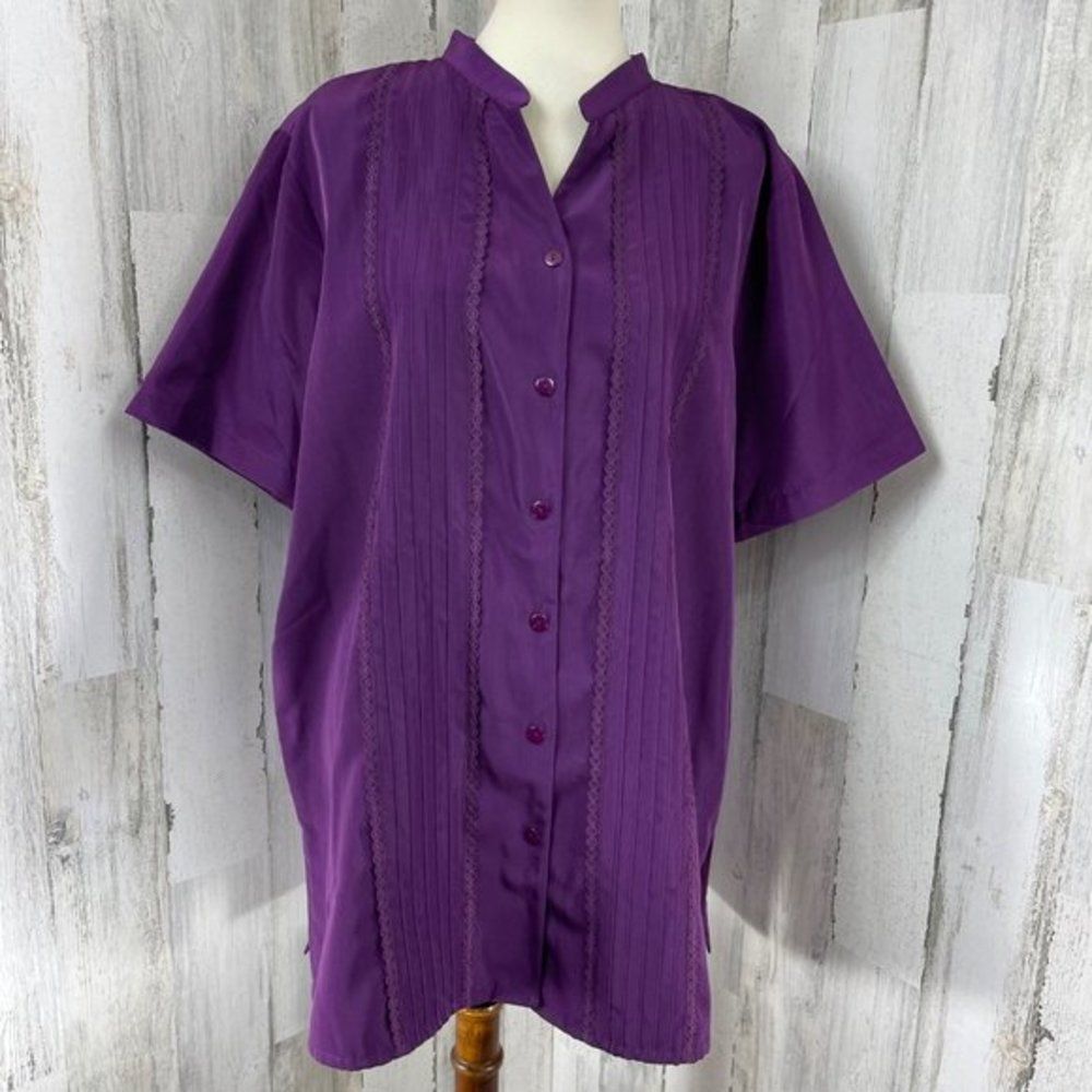 Brylane Woman Women's Plus Size Purple Pleated Button Up Shirt Short Sleeve 24W